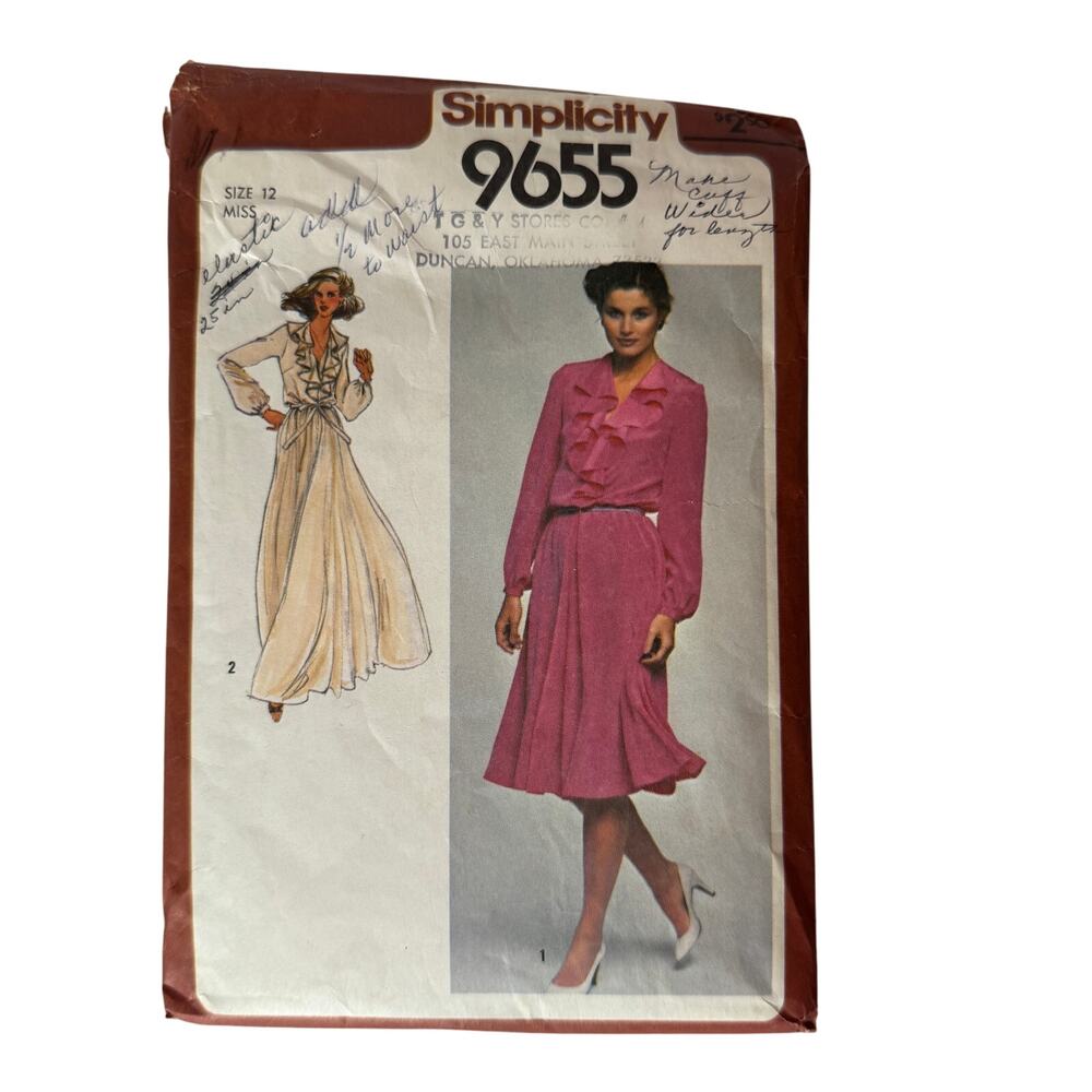 Vtg DRESS Pullover Two Lengths GOWN Ruffle Neckline Simplicity 9655 1980 Pattern